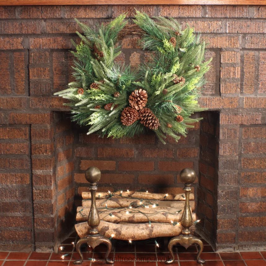 Greenery | National Tree Company Artificial Mixed Bristle Branch Pine Christmas Wreath Decorated with Woven Branch Base Light Green Cypress Tips and Pinecones 26 in F2L4F286